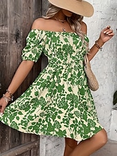 billiga Blommiga klänningar-Dam Mini klänning A linjeklänning Ledigt Utomhus Utekväll Standardpassform Blommig Grafisk Kortärmad Över axeln Blå Rubinrött Grön Beige Sommar Vår