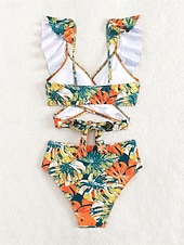 tanie Zestawy bikini-Damskie Stroje kąpielowe Bikini 2 szt Wysoka talia Kostium kąpielowy Falbana Szczupła Odkryte plecy Urlop Stroje plażowe Kwiaty Tropikalny W serek Bez rękawów Kostiumy kąpielowe