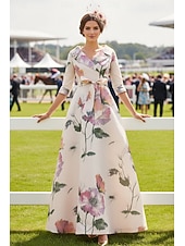 cheap Floor Length-A-Line Floor Length Wedding Guest Dress Formal Dresses Derby Dress Mother of the Bride Dress 3/4 Length Sleeve V Neck Shirt Collar Elegant Formal Holiday Kentucky Derby Satin with Sash / Ribbon