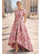 cheap Cocktail Dresses-A-Line Asymmetrical Ankle Length Cocktail Dresses Elegant Vintage Floral Short Sleeve Crew Neck Garden Party Wedding Pocket Jacquard with Bow(s) Pocket