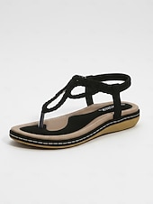 cheap Women-Women's Navy Blue Braided Thong Sandals - Comfortable Strappy Flat Sandals with Arch Support, Elegant Bohemian Summer Shoes for Resort Walking, Tropical Vacations &amp; Sightseeing