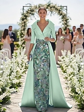 economico Lunghezza del pavimento-Linea ad A Tubino Colonna Lunghezza al pavimento Perline ricamate Abito da invitata a nozze Abito Formale Abito da cerimonia per signora Manica 3/4 Scollo a V Colletto a Camicia Elegante Vintage