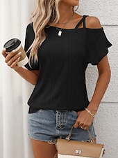 economico T-shirt semplice-Per donna Maglietta Semplice Moda Elegante Classico Manica Corta Senza Spalle Top Regolari Quotidiano Uscire Weekend Blu Nero Bianco Rosa Albicocca Estate Primavera