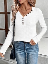 economico T-shirt semplice-Per donna Blusa Bottoni Tinta unica Elegante Casual Manica Lunga Scollo a V Top Regolari Quotidiano Nero Bianco Fucsia Cachi Primavera Autunno Inverno