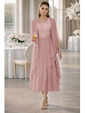  Duas Peças Linha A Longuette Vestido de convidada de casamento Vestido Para Mãe dos Noivos Meia Manga Scoop pescoço Elegante Formal Kentucky Derby Semi formal Chiffon Vestidos curtos com Bordado