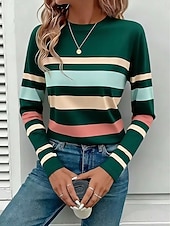 tanie Koszulka w paski i geometryczna-Damskie Podkoszulek Kolorowy blok Nadruk Graficzny Geometryczny Moda Elegancki Klasyczny Długi rękaw Półgolf Zwykłe topy Codzienny Niebieski Czarny Zielony Lato Wiosna