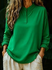 billiga Enkla blusar-Dam Popover skjorta Casual skjorta Blus Knappar Ensfärgat Dagligen Stylish Ledigt Långärmad Hög krage Vanliga toppar Dagligen Utomhus Vit Rodnande Rosa Rubinrött Grön Sommar Vår Höst