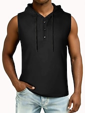 お買い得  ベーシックTシャツ-男性 ベストトップ ヘンリーパーカー ティートップ ノースリーブ フード付き 夏 純色 平織り ファッション デザイナー ベーシック ボタン フード付き カジュアル バケーション ストリート ブルー ブラック ホワイト メンズトップTシャツ