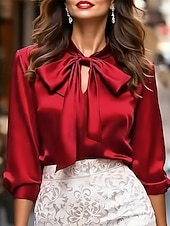 economico Bluse Eleganti-Per donna Elegant Top in raso Blusa Top Eleganti Arricciato Nodo frontale Patchwork Semplice Elegante Signore Essenziale Manica Lunga Cravatta al collo Top Regolari Quotidiano Lavoro Ferie Rosso