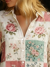  Dámské Košile Boho košile Imitace bavlny a lnu Knoflíky Tisk Květinový Čechy Aktivní Na běžné nošení Dlouhý rukáv Košilový límec Běžné topy Denní Dovolená Béžová Jaro Podzim