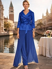 voordelige Mama&amp;#39;s jumpsuits-Tweedelig Broekpak Tot de grond Moeder van de bruid jurk Lange mouw Revers Elegant Eenvoudig Op Maat Formeel Bruiloft gast Chiffon Stretchsatijn met Sjerp / Lint Effen kleur