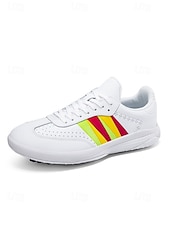 cheap Men's Golf Shoes-Men's White Golf Sneakers, Athletic Lace-Up Design with Color Stripe Detail, Shock-Absorbing Sole, Modern Sport Style for Golf Courses