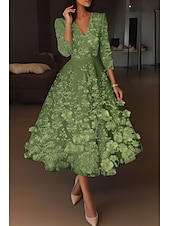  A-linje Ankellengde Cocktailkjoler Elegant Årgang Blomster Halvlange ermer V-hals Bryllup Formell Rosa kjole Sateng Blonder med Broderi Lomme