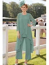 voordelige Broekpakken van mama-3-delig pak Tot de grond Moeder van de bruid jurk Mouwloos Nek boot Elegant Grote maten Bruiloft gast Chiffon Wrap inbegrepen met Effen kleur
