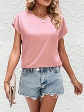 economico Bluse Semplici-Per donna Elegant Top in raso Camicia in raso Top estivi Tinta unica Semplice Vintage Elegante Classico Manica Corta Girocollo Top Regolari Quotidiano Ferie Uscire Nero Rosa Cammello Verde Estate