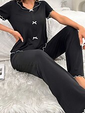 preiswerte Damen Schlafoberteile und -unterteile-Damen Schlafanzug Set Lässig Komfort Blumen Einfarbig Elastischer Bund Hose Täglich Heim Langarm V Ausschnitt Schwarz Weiß Purpur Grau Sommer Frühling Normale Passform