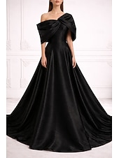  A-Line Floor Length Evening Gown Ball Gown Elegant Glittering Short Sleeve One Shoulder Wedding Formal Pocket Taffeta with Pleats Pocket