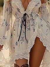 voordelige Westerse Boho Jurk-Dames Mini-jurk Boho-jurk Westerse kleding Modieus Dagelijks Vakantie Uitgaan Normale pasvorm Bloem Lange mouw V-hals Wit Zomer