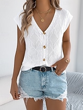 baratos Blusas Simples-Mulheres Tops de verão Blusa Patchwork Botões Tecido à moda Clássico Moderno Manga Curta Decote V Tops regulares Diário Feriado Para Noite Preto Branco Marron Cáqui Verão Primavera