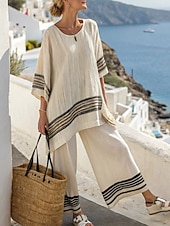 cheap Sets-Women's Linen-feel Set Pants Sets Bolero 3/4 Length Sleeve Crew Neck Striped Fashion Streetwear Casual Daily Outdoor Blue Black White Summer Loose Fit