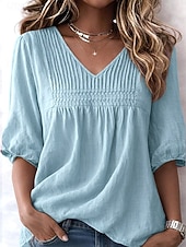 baratos Camisas-Mulheres Camisa Social Camisas com toque de linho Côr Sólida Tecido Vintage à moda Decote V Tops regulares Azul Branco Rosa Roxo Claro Verão Primavera