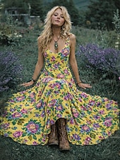 baratos Vestidos Boho-Mulheres Vestido midi Vestido Boho Vestido casual Vestido Swing Vestido de verão Vintage Praia Normal Floral Gráfico Sem Manga Gola Redonda Azul Preto Amarelo Rosa Verão Primavera