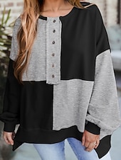 Недорогие Простые худи-Жен. Pullover Толстовки Пэчворк Пуговицы Контрастных цветов Мода Классика Современное Длинный рукав Вырез под горло Обычные топы Для улицы На каждый день Синий Черный Розовый Небесно-голубой Зеленый