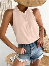 voordelige Gewone Tank-Dames Satijnen overhemd Kampshirt Met ruches Effen Kleur Elegant Stijlvol Casual Mouwloos Overhemdkraag Normale tops Dagelijks Zwart Wit Paars Oranje Beige Zomer Lente