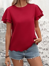 billiga Enkel t-shirt-Dam T-shirt Utklippt Knappar Ensfärgat Vintage Stylish Ledigt Kortärmad Volangärm Rund hals Vanliga toppar Dagligen Utekväll Rubinrött Sommar Vår
