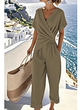 abordables Ensembles chemisiers pour femmes-Femmes Ensembles de Pantalons Haut boléro Manche Courte Col en V Couleur Unie Froncé Mode Streetwear Occasionnel Quotidien Extérieur Bleu Kaki Beige Été Coupe régulière