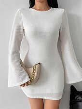 Χαμηλού Κόστους Φορέματα Αποφοίτησης-Γυναικεία Μίνι φόρεμα Λευκό φόρεμα Φόρεμα αποφοίτησης Φόρεμα Bodycon Κομψό Μοντέρνα Μανίκι Flare Cuff ΕΞΩΤΕΡΙΚΟΥ ΧΩΡΟΥ Διακοπές Εξόδου Κανονικό Σκέτο Μακρυμάνικο Στρογγυλή Ψηλή Λαιμόκοψη Μαύρο Λευκό