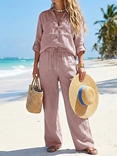 preiswerte Sets-Damen Baumwoll-Leinen-Sets Hosen-Sets Bolero-Oberteil Langarm V Ausschnitt Einfach Kordelzug Mode Streetwear Täglich Outdoor Strand Schwarz Weiß Gelb Sommer Lässiger Schnitt