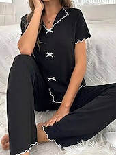 preiswerte Damen Schlafoberteile und -unterteile-Damen Schlafanzug Set Lässig Komfort Blumen Einfarbig Elastischer Bund Hose Täglich Heim Langarm V Ausschnitt Schwarz Weiß Purpur Grau Sommer Frühling Normale Passform