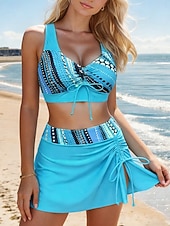 baratos Tankinis-Mulheres Roupa de Banho Tankini 2 partes Cavado roupa de banho Elegante Férias Gráfico Geométrico Decote V Sem Manga Fatos de banho