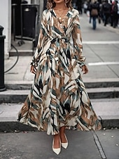 cheap Casual Floral Dresses-Women's Long Dress Maxi Dress A Line Dress Floral Dress Elegant Fashion Modern Daily Outdoor Vacation Regular Fit Floral Long Sleeve V Neck Red Brown Spring Fall