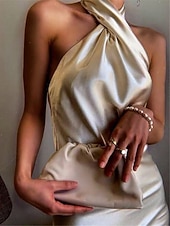 economico Vestito Semplice-Per donna Abito Midi Abito in Raso Vestito da Festa Abito con Collo Allacciato Elegante Moda Moderno All'aperto Vacanza Feste Taglia piccola Semplice Senza Maniche All'americana Beige Estate Primavera