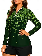 abordables Chemise pour femmes-Saint Patrick Femmes Dégradé Trèfle Sweat-shirt Sweat-shirt polo Hauts Chemise manche longue Fermeture éclair Imprimé Quart de zip UPF50+ Résistant aux UV Élastique Respirant Volley-ball Tennis Le