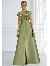 cheap A-Line Evening Dresses-A-Line Floor Length Beaded Eembroidered Formal Dresses Mother of the Bride Dress Evening Gown Formal Dress Elegant Sparkle Silky Short Sleeve V Neck Wedding Formal Pocket Satin Cowl Back with Glitter