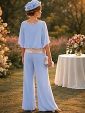 billiga Mammas byxdräkter-Tvådelad Byxor Golvlång Klänning till brudens mor Halvlång ärm Båthals Elegant Vintage Enkel Bröllopsgäst Helgdag Formell kväll Chiffong med Paljett