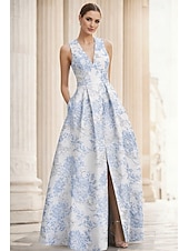  A-linja Kokopitkä Iltapuku Tyylikäs Vintage Kukka-aihe Hihaton V kaula-aukko Häät Muodollinen Jakardi kanssa Kukkapainatus Laskokset Tasku