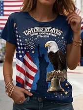  Maglietta patriottica da donna per il Giorno dell'Indipendenza grafica lettera bandiera vintage elegante casual maniche corte colletto a crew tops regolari stampa quotidiana blu bianco rosso estate
