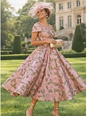 billige Cocktailkjoler-A-linje Gulvlengde Te-lengde Formell kjole Floral kjole Cocktailkjoler Elegant Årgang Blomster Kortermet Løse skuldre Hage fest Bryllup Lomme Jacquard Cowlhals med Blomstertrykk Lomme