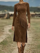 preiswerte Western Boho Kleid-Damen Midikleid Langes Kleid Maxikleid Vintage-Kleid Kleid aus Wildlederimitat Vintage Mode Täglich Outdoor Urlaub Normale Passform Einfach Langarm Rundhalsausschnitt Schwarz Braun Aprikose Sommer