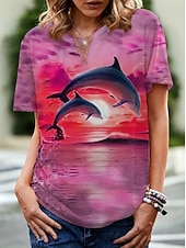 abordables Camiseta de Animales-Mujer Camiseta Estampado Graphic Animal Vintage Elegante Clásico Manga Corta Cuello Barco Tops regulares Diario Fin de semana Azul Piscina Blanco Rosa Verano Primavera