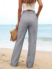 preiswerte Wesentliche Falsche Unterteile-Damen Kunstbaumwollleinen Weites Bein Freizeithose Sommerhose Urlaub Streetwear Basic Volle Länge Mittlere Taillenlinie Einfach Tasche Atmungsaktivität Bequem Unelastisch Täglich Outdoor Urlaub Blau