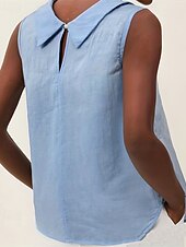 Недорогие Основные искусственные рубашки-Жен. Летние вершины Блуза Нарядные Топы Искусственный хлопок и лен Рюши Пэчворк Пуговицы Полотняное плетение Элегантный стиль Винтаж Дамы Без рукавов Вырез-хомут Обычные топы