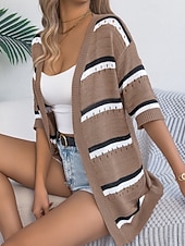 billiga Enkla blusar-Dam Skjorta Blus Stickad Randig Stylish Klassisk Modern Halvlång ärm V-hals Vanliga toppar Dagligen Helgdag Utekväll Vin Brun Kaki Sommar Vår