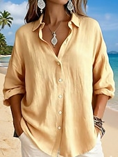 Недорогие Основные искусственные рубашки-Жен. Рубашка Бохо Рубашка Богемия Винтаж Повседневные Длинный рукав Длинные топы Повседневные Праздники На выход Синий Белый Желтый Розовый Небесно-голубой Лето Весна