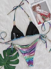 billige Bikinisett-Dame Badetøy Bikini 2 stk G-streng Badedrakt Tynn Åpen rygg Ferie Strand Klær Nyanse Grimehals Ermeløs Badedrakter