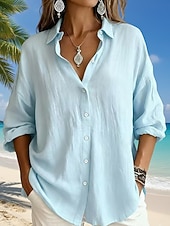 Недорогие Основные искусственные рубашки-Жен. Рубашка Бохо Рубашка Богемия Винтаж Повседневные Длинный рукав Длинные топы Повседневные Праздники На выход Синий Белый Желтый Розовый Небесно-голубой Лето Весна